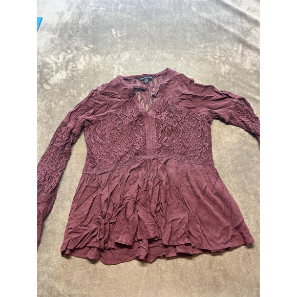 American Eagle Outfitters Tops - American Eagle Outfitters‎ Burgundy Lace Peplum Long Sleeve Top Blouse S